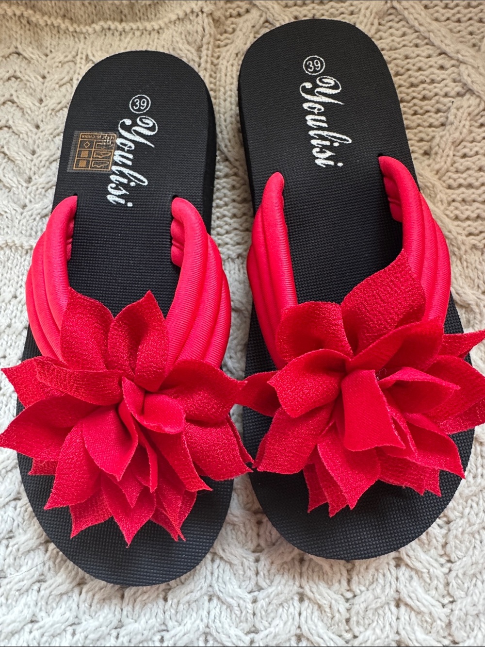 Women’s Black Sandal with Red Floral Accent - Picture 4 of 4